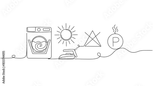 Laundry day icons Washing machine, sun, iron, and care symbols for fabric instructions, cleaning