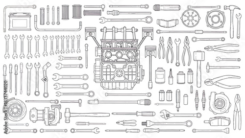 A comprehensive collection of car service tools and automotive parts, including an engine block, wrenches, and spark plugs, in a line art style