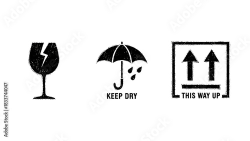Set of three essential shipping symbols fragile, keep dry, and this way up, crucial for safe package handling and logistics