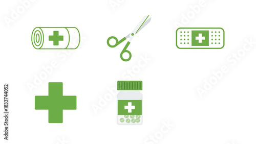 Medical First Aid Symbols Set of Icons Bandage, Scissors, Plaster, Cross Sign, and Medicine Bottle Icons