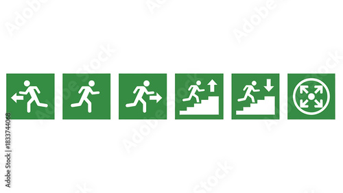 Set of green emergency exit signs with white pictograms indicating escape routes and evacuation procedures