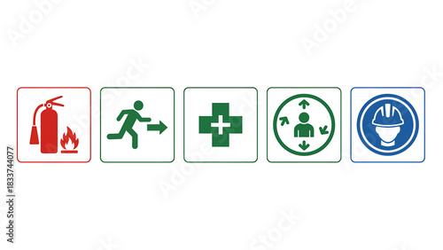 Vector set of essential safety signs for workplace regulations, including fire safety, emergency exit, first aid, muster point, and protective headwear