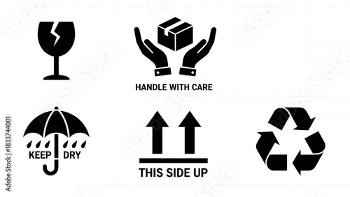 Collection of shipping and packaging icons with symbols for fragile, keep dry, this side up, and recycling