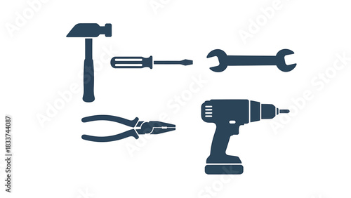 Collection of repair tools Hammer, screwdriver, wrench, pliers, and drill - essential for construction and DIY tasks