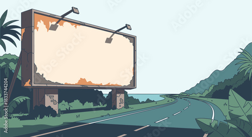 A weathered, blank billboard stands prominently beside a winding coastal road, surrounded by lush tropical plants and distant mountains, offering prime space for impactful advertising.