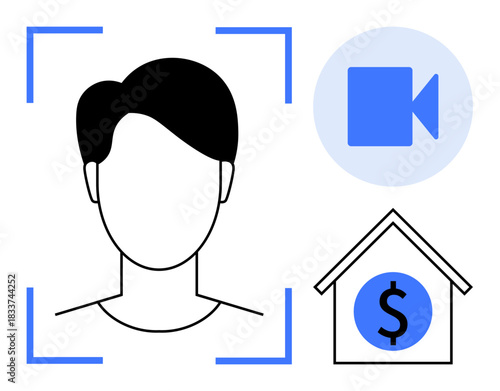Digital identity, remote verification, financial services, online transactions, video communication, data security. Face scanner, video icon and house with dollar sign. Digital identity and remote