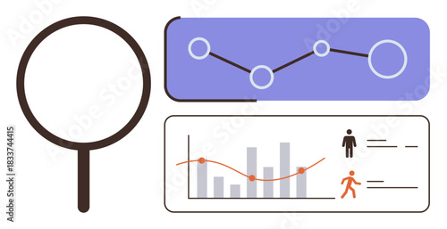 Magnifier, line graph, bar chart, and user icons highlighting analytics, trends, and demographics. Ideal for data analysis, statistics, research business growth market study insights technology