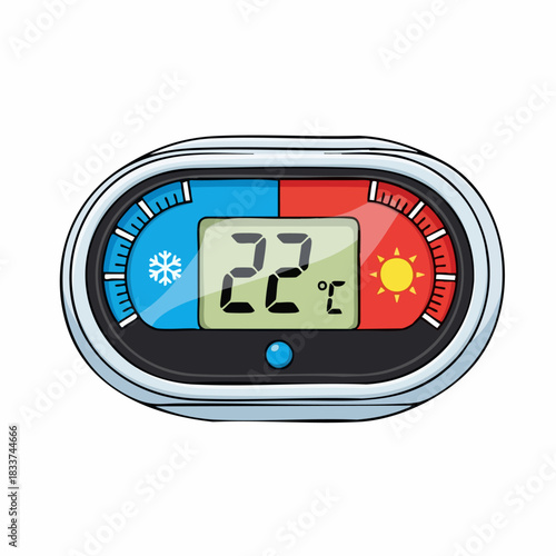 Modern digital thermometer displaying temperature against white, showcasing temperature control. Temperature thermometer includes LCD screen and indicators for hot and cold settings,