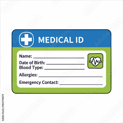 Medical ID card for personal medical information on white background. Medical ID includes vital details like blood type and allergies for use in case of emergency.