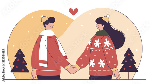 Loving couple holding hands in winter wonderland celebrating holiday season joy