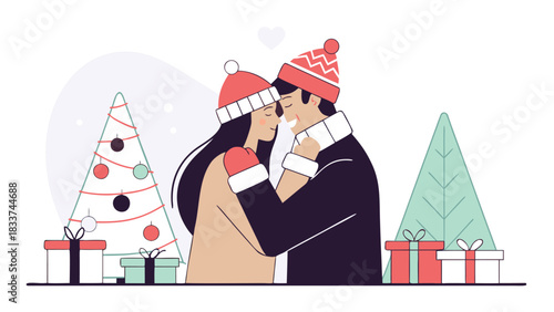 Romantic couple celebrating winter holiday season with gifts and Christmas trees