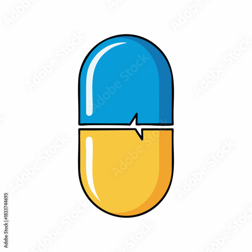 Blue and yellow pill isolated on white background, medicine capsule for medical design. Blue and yellow pill is a pharmaceutical drug for health, treatment, and prevention.