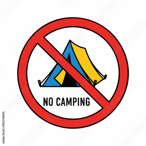 Sign indicating no camping, with tent symbol crossed out, a clear sign for prohibited camping. No camping allowed in designated areas, ensuring safety and preservation.