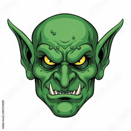 Green goblin portrait displays sharp teeth, pointed ears, and a menacing glare, green goblin. Detailed facial features add to a frightening and fantastical depiction of green goblin.