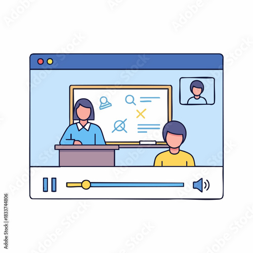 Online education shown in digital frame, tutoring lesson with teacher and student in video conference. Online education uses virtual classroom. Concept online education for modern lifestyle,
