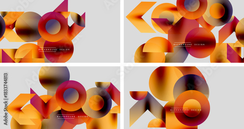 Abstract geometric designs. Overlapping shapes create vibrant color gradients. Modern backgrounds suitable for digital projects.