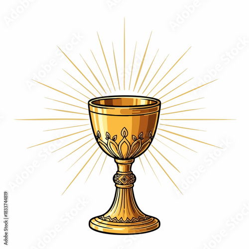 Golden chalice radiating light against pure white background. Golden chalice symbolizes sacredness and spirituality, adorned with intricate floral patterns.