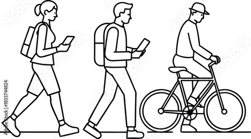 Three people walking and cycling with phones and backpacks on white background Keywords: walking, cycling, phone, mobile, smartphone, backpack