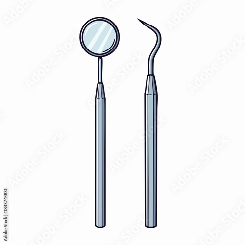 Dental instruments including dental probe and mirror are shown on white background. Dental instruments for oral health are essential tools for dentist in office.