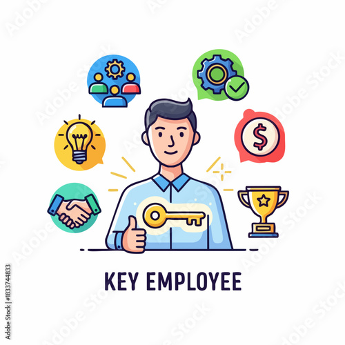 Key employee shows the vital importance of qualified workforce management, emphasizing skilled workers. Concept key employee with business management, knowledge and experience.