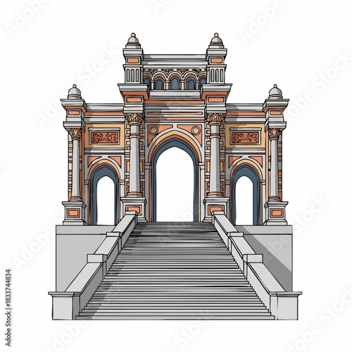 Depicting Gateway of India, landmark building presents impressive architectural design. Landmark Building showcases ornate features, stone steps, and symmetrical structure.