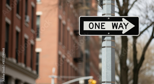 One way road sign with right direction on blurred city background, one way road sign, street view. Discover one way road sign, safety concept. For street signs, it indicates road,