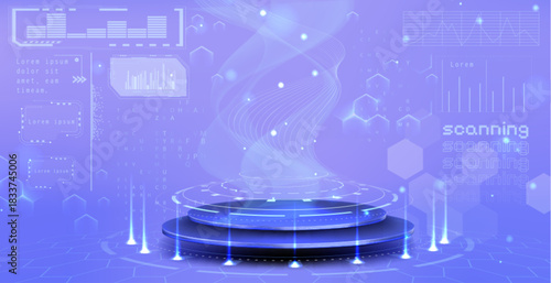 Hologram tech podium with neon light portal effect on futuristic blue background. 3D digital stage platform with glowing HUD data display and cyberpunk game interface elements for product presentation