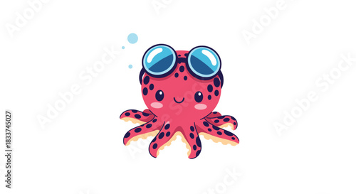 A cheerful cartoon pink octopus with black spots, sporting stylish blue swimming goggles, smiles and floats playfully, emitting small air bubbles.
