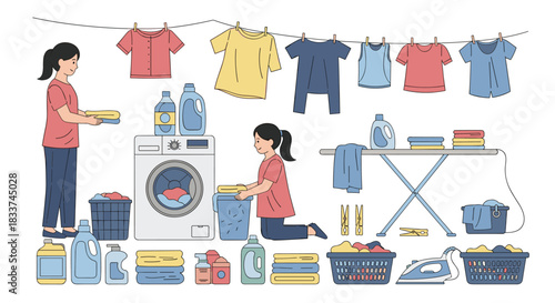 Two women engaged in various laundry tasks, from washing and hanging to folding and ironing clothes.