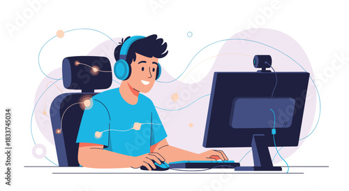 A smiling young man in headphones actively uses his desktop computer with a webcam, symbolizing online gaming, streaming, or remote work.