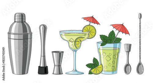 Set of cocktail bar tools and alcoholic drinks with lime and mint garnishes, ideal for a refreshing summer beverage theme.
