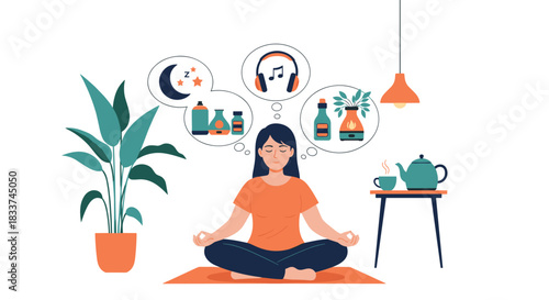 A serene woman meditates, envisioning elements that promote relaxation, restful sleep, and a peaceful environment.