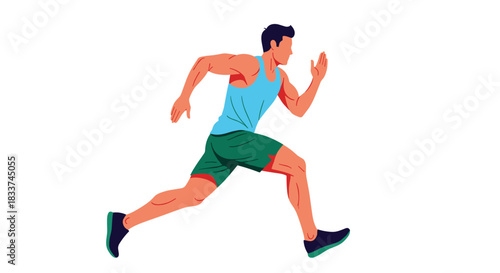 An active man in a blue tank top and green shorts is depicted in a dynamic running pose, symbolizing fitness and speed.