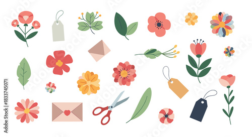 A vibrant assortment of simple spring and craft-themed illustrations, including various flowers, green leaves, gift tags, stationery, and scissors.
