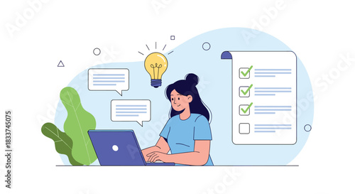 A focused young woman works on her laptop, generating new ideas and efficiently completing tasks on a checklist, symbolizing productivity and successful work.