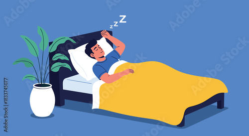 A young man peacefully sleeps in his cozy bed, surrounded by comfort and tranquility, enjoying a well-deserved rest in a serene bedroom setting.