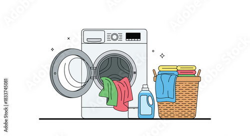 A modern front-load washing machine with an open door, displaying colorful laundry, a detergent bottle, and a full basket of clean clothes.