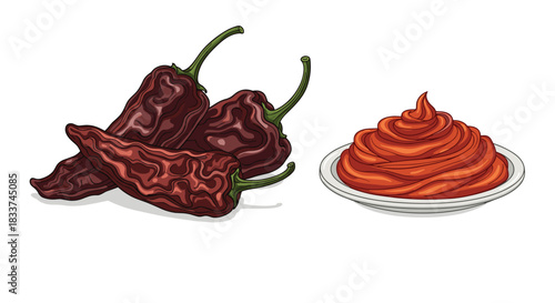 Wrinkled dark red dried chili peppers with green stems are presented next to a white plate containing a vibrant dollop of spicy chili paste.