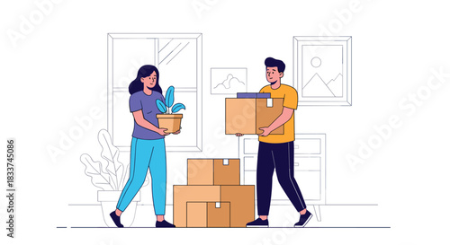A cheerful couple carries moving boxes and a potted plant, working together to relocate their belongings to a new home.