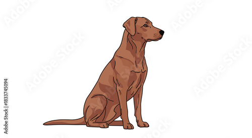 A brown Labrador-like dog sits patiently, looking to the right with a calm and alert expression on a clean white background.