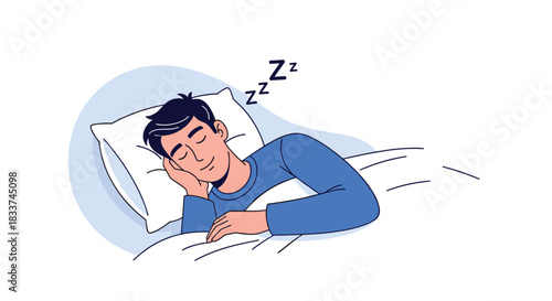 A peaceful young man with dark hair is enjoying a deep sleep on a comfortable bed, his head resting on a soft pillow, indicating calm relaxation and good rest.