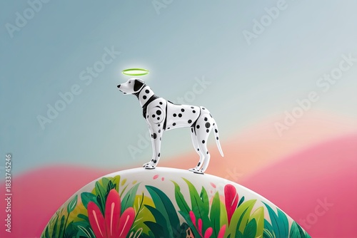 A Dalmatian dog with a halo stands on a hill with plants, set against a colorful gradient background. The image has a dreamy and whimsical feel.
