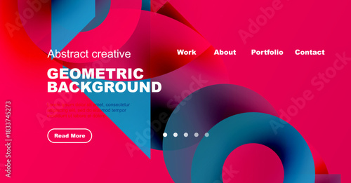 Vibrant abstract design. Geometric shapes, pinks, blues dominate. Website header with navigation options, text, button visible.