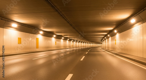 Inside traffic tunnel with asphalt road and lighting, perspective view towards exit. Traffic tunnel with illumination is ready for exploration and adventure.