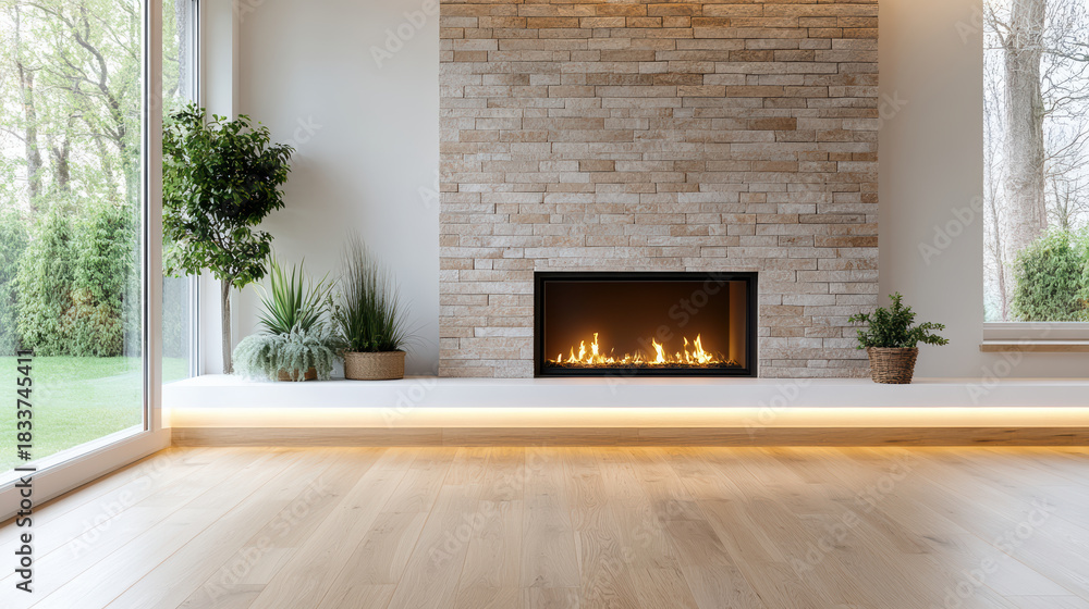 Obraz premium Modern fireplace with stone wall and plants warming minimal living space