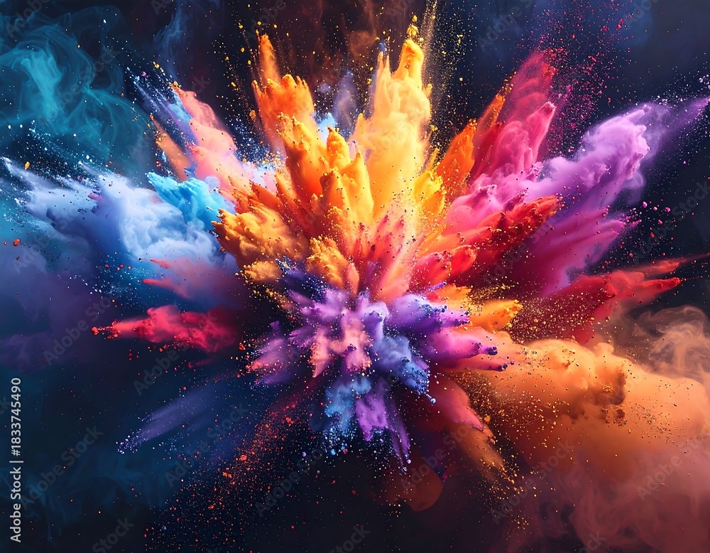 Fototapeta premium Vivid, dynamic explosion of colorful powder against a dark backdrop
