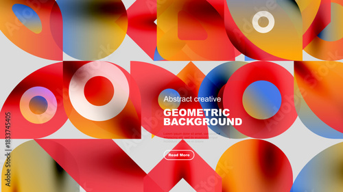 Abstract geometric shapes overlap, creating vibrant colorful background. Red, orange, blue hues dominate composition. Modern design element.