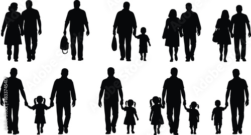 Black Silhouettes of Families and Individuals Walking Together on White Keywords: family, people, walking, silhouettes, parents