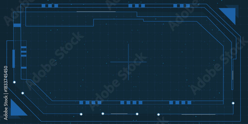 Abstract futuristic HUD frame on grid background. Vector realistic computer system interface with neon blue lines, blank radar screen, virtual network ui, hi tech infographic box, data scan window