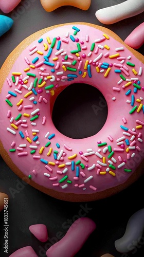 Close-up of a pink donut with colorful sprinkles on a dark background. Sweet food concept.
